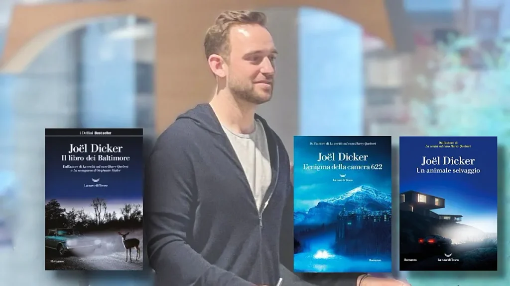 Foto dello scrittore Joël Dicker e le copertine dei suoi libri che diventeranno serie TV per Prime 