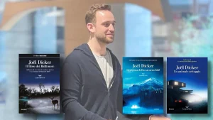 Foto dello scrittore Joël Dicker e le copertine dei suoi libri che diventeranno serie TV per Prime
