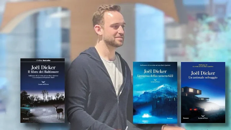 Foto dello scrittore Joël Dicker e le copertine dei suoi libri che diventeranno serie TV per Prime
